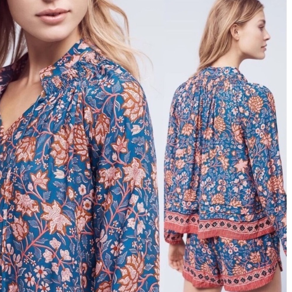 NAT Natalie Martin Lola Blue Floral Blouse Bohemian‎ Boho Size XS